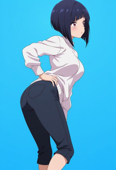 masterpiece, best quality, amazing quality, anime coloring, anime screencap,  1girl, inverted bob, white sweater, capri pants, black pants,  black hair,  blue background,  simple background,   twisted torso,