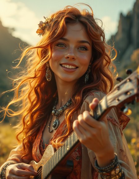 Create an ultrarealistic portrait of a captivating bard with flowing auburn hair and tender green eyes ablaze with intense passion, holding an enigmatic yet fiery gaze that captivates the viewer. She is laughing heartily, her wide-open smile radiating pure joy, with her eyes crinkling at the corners, and her head slightly tilted back in a moment of uncontainable laughter. The bard plays an enchanting melody on her instrument as sunlight streams through her flowing hair, creating a halo effect, while sparkling particles dance in the warm golden light, adding a magical quality to the atmosphere. She wears a flowing, vibrant dress adorned with intricate floral patterns that shimmer in the light, complementing the hues of the sunset sky. Around her neck, she sports a delicate silver necklace adorned with intricate charms that glimmer in the light, and her wrists are adorned with beaded bracelets that jingle softly with every movement. Capture the scene from a 'bug's-eye view' perspective to enhance the sense of wonder. Depict the intricate details of the musician's facial expressions, the delicate interplay between the instrument's strings, and the vibrant sunset sky reflecting off the glossy wood. This portrait emphasizes the intensity of her joy, where the interplay between light and shadow magnifies the vibrant energy in her expression and the intricate details of her complexion, creating an emotional gradient that suggests time has paused to listen to the bard's timeless tale. <lora:ImageUpgraderV2:0.55> photo, professional, realistic, detailmaximizer  <lora:ARTifacts:0.6> art1fact  <lora:fantastic-realism:0.25> f4nt4st1c   <lora:- Flux1 - soothing_atmo_V2.0:0.5>