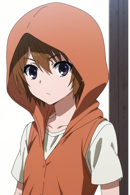 <lora:ANEMEWWW:0.8>, white background, Kinuhata Saiai, solo, shirt, upper body, sleeveless, hood, vest, hoodie, hood up, dark, anime coloring, sleeveless hoodie, hooded vest