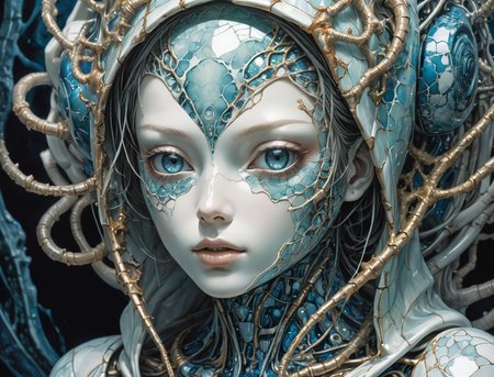 an image of fractal (creepy masterpiece anime artwork by Tsutomu Nihei, a [porcelain doll woman:beautiful porcelain woman:5], otherworldly beauty, kintsugi skin,  sensual gaze, a cute face, cracked porcelain, shiny reflective surface, hood, anime proportions, highres, 8k, by HR Giger, cybernetic robotic, strange but beautiful sci-fi, dystopian future,  otherworldly, wild and untamed, highly detailed, intricately detailed,) made of  transmuting  neodymium and tesselating  sways of    bohrium with mottled  cores  of    radiance, seafoam_blue and rust_coral ,gloomy lighting,   highly detailed masterpiece, absurdres,