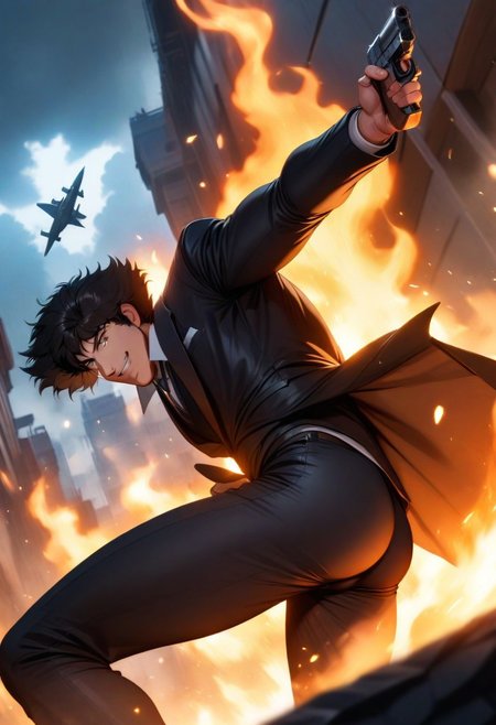 best quality, very aesthetic, absurdres,  (fire and flame) ,blue water ,wind and storm,stone ,Spike Spiegel,brown eyes, smile,black hair,1boy,(1man), spaceship, <lora:Cbebop-background:1.5> ,glowing,(cowboy shot), dutch angle, swing down , pistol ,smoke ,muscular, <lora:fightingpose:0.6> squat, fighting, pose,big butt, torn pants pushed to the side, bulge, large bulge, suit, detailed eyes, perfecteyes, torn pants
