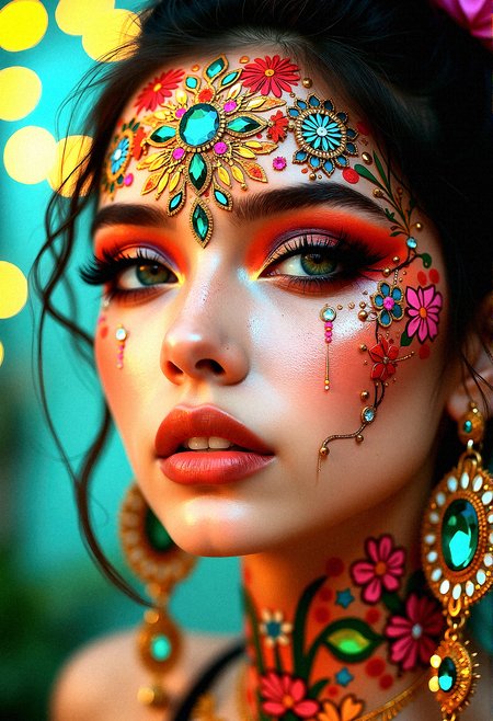 Imagine a surreal close-up of a woman whose face is an elaborate canvas of vivid colors and intricate patterns. At the center of her forehead is a large mandala, woven with floral motifs and encrusted with multicolored gemstones that shine softly under the lights. Her eyes, a deep green, are accentuated with bold makeup that mirrors the colors of the mandala, blending harmoniously with the facial art extending across her cheeks and neck. Her lips are a lustrous copper shade, providing a warm, earthy contrast. She wears large earrings that match the mandala’s pattern, filled with details and sparkling gemstones. The background is a blurred bokeh of golden and teal lights, enhancing the photorealistic detail of the facial art and capturing the ethereal aura of the scene. The close-up captures every fine element—from the glow of the gemstones to the shadows within the patterns—creating a captivating visual that feels both magical and tangible.
