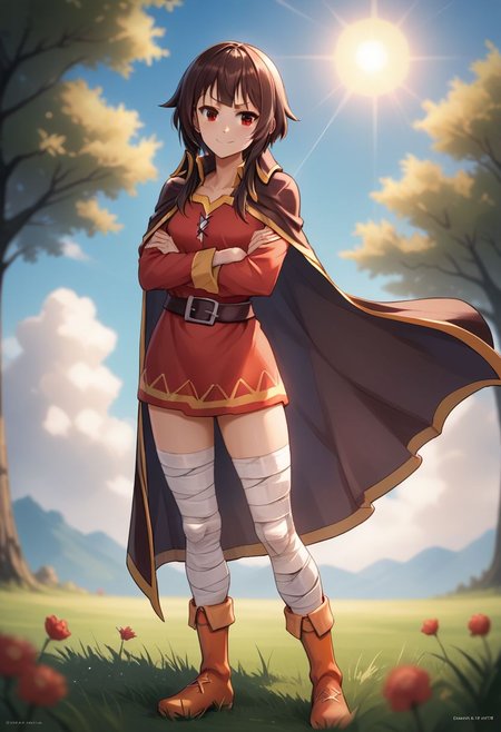 score_9, score_8_up, score_7_up, solo, depth of field, dramatic lighting,  detailed, high resolution, fantasy, adventure, grass, sun, blue sky, clouds, , smile, master piece, standing, megumin, tree
1 girl, middle age, athletic,  bandages, bandages on arms and hands, bandages on legs, crossed arms, cape, cape blowing in the wind,