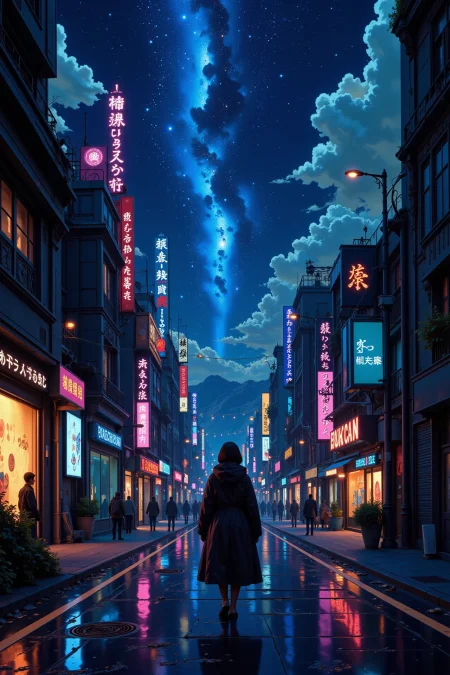 a cyberpunk futuristic street beautiful  landscape, bright luminous starry night, woman, very intricate, very detailed, sharp, bright, colorful, <lora:Hand v2:0.5> <lora:Anti-Blur:1><lora:Insane Detail Slider:0.25>  <lora:flux.1_lora_flyway_Epic-detail_v2:0.3> <lora:fluxenhancer:0.25> <lora:Anime_style:0.6> anime style