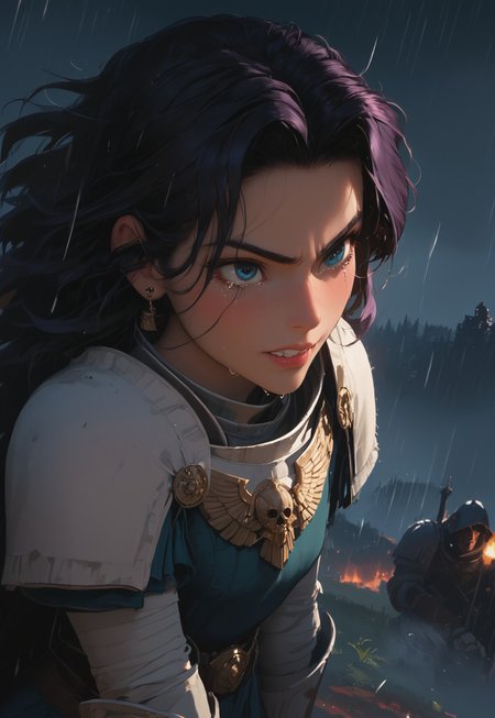 1girl, solo, 24 year old woman, large build, kneeling:1.4, beautiful, long hair, dark purple hair, freckles:1.4, face uplifted:1.6, looking up, looking at the sky, earrings, fierce grin:1.5, crying:1.5, teeth clenched:1.4, angry smile:1.5, wide hips, knight armor:1.5, heavy armor, gauntlets, greaves, bright blue eyes, arms at her sides, rain falling on her face:1.5, tan skin, on knees, tears on chin, tears on cheeks,

dusk, after battle, muddy field, some grass, fallen soldiers around her:1.4, storming, dark gray sky, dark sky:1.4, streaming banners, battlefield, intense rain:1.3, dreary, raining, overcast, mountains and hills in the background,

score_9, score_8_up, score_8, masterpiece, best quality, official art, extremely detailed, CG unity 8k wallpaper, absurdres, high definition, photorealism:1.5, detailed shading, high contrast, ambient occlusion, vivid colors:1.5, saturated colors:1.6, 

downward angle:1.3, cowboy shot, cinematic, from above:1.3,

expressiveh, whites40k, tears, 