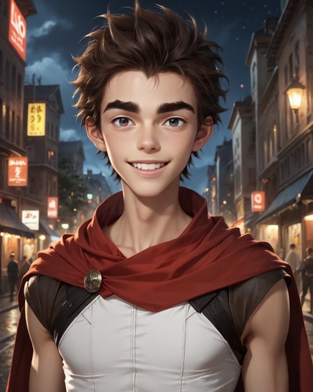 score_9, score_8_up, score_7_up, intricate details, rating_questionable,
<lora:homri52:1>
,
<lora:Mylo_Arcane:0.8>, 1boy(mylo, young man, slender, brown hair, thick eyebrows, thin, looking at the viewer, solo, happy, 
red cloak, sleeveless tight bodysuit), outdoors, at night, darkness
,
highres,
detailed background, depth of field, 
<lora:ral-chrosc-clr:0.5>, ral-chrosc-clr,
<lora:Expressive_H:0.5>, Expressiveh,
<lora:xl_more_art-full_v1:0.3>,
<lora:add-detail-xl:0.3>,