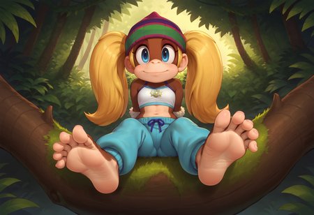score_9, score_8_up, score_7_up, score_6_up, score_5_up, score_4_up, looking at viewer, 
young face, solo, t_kong, beanie, blonde hair, twintails, blue eyes, crop top, wristband, blue_pants, midriff, anthro, monkey_girl
outdoors, jungle, sitting in tree, feet focus, feet_up, soles, spread_toes, arms behind back, 
<lora:princess_xl_v1:0.6>, <lora:Expressive_H:0.8>, <lora:incase-ilff-v3-4:0.5>, <lora:MysticalPlantPenetratorPDXL:0.5>, <lora:Muk:0.5>, <lora:Feet Anime Pony:0.6>, <lora:Tiny_Kong_Donkey_Kong:1>