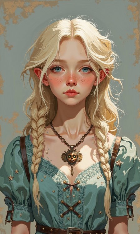 Full shot of a digital painting or illustration. A light-skinned young woman with long, flowing, platinum blonde hair styled in two large braids that cascade down her shoulders is the central figure. 
Her hair appears voluminous and meticulously detailed, with highlights and soft shadows creating a sense of depth and texture. 
The woman's face is expressive, with a calm, serene, and slightly wistful expression.  Her eyes are a striking light blue, and freckles are subtly scattered across her cheeks.  Her skin tone is fair, and the portrait showcases detailed rendering of subtle blush on her cheeks.  
She wears a light teal or dusty blue dress with intricate lace-like embroidery and small sparkling accents. The dress has a slightly V-neckline and criss-cross straps or lacing across the chest section that adds a vintage touch. 
A pendant hanging from a brown leather or dark-colored chain is visible around her neck. The pendant features a stylized, embossed face or mask, with a texture suggestive of bronze or metal.  
The background is a soft, muted tone, light gray and tan, providing a neutral backdrop that focuses attention on the subject. The light source in the image appears to be diffused, casting gentle light and shadows, creating an overall soft, ethereal ambience.
<lora:FLUX-daubrez-DB4RZ-v2:1> DB4RZ, DB4RZ style painting