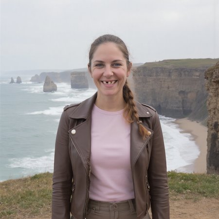d4nt4, a woman  smiling widely to reveal several missing teeth , a front-facing view showing the upper half of a woman's body, dressed in a simple Moto jacket and Dress pants , in  Seaside cliff with crashing waves , Side braid , young adult
