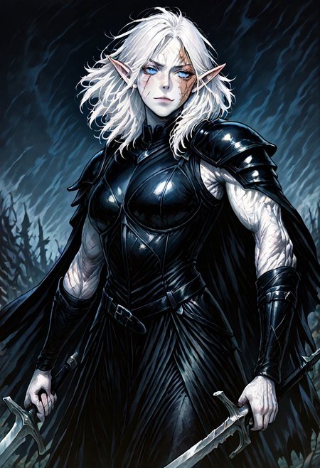 masterpiece, best quality, newest, absurdres, highres, 
MIRV1.0, pale, white skin, blue eyes, colored skin, toned, muscular, toned female, white hair, elf, pointy ears, scar, scar on face, armor, cape, shoulder armor, black leather, holding, holding weapon, holding sword, sword,