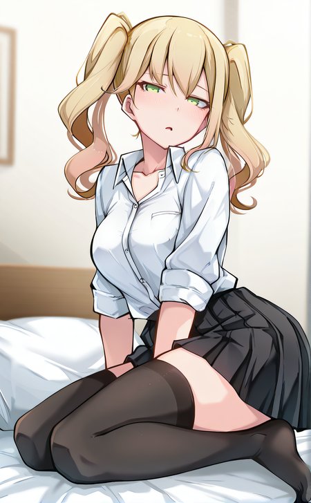 masterpiece, best quality, highres, newest, 1girl, solo, official style,  <lora:Katenai_Ko:1>, katenaiko, blonde hair, twin tails, green eyes, medium breasts, white shirt, school uniform, collarbone, black pleated skirt, black stockings, looking at viewer, sitting on bed, full body, from side, side view, kneeling, on bed, feet, parted lips, blush, narrowed eyes