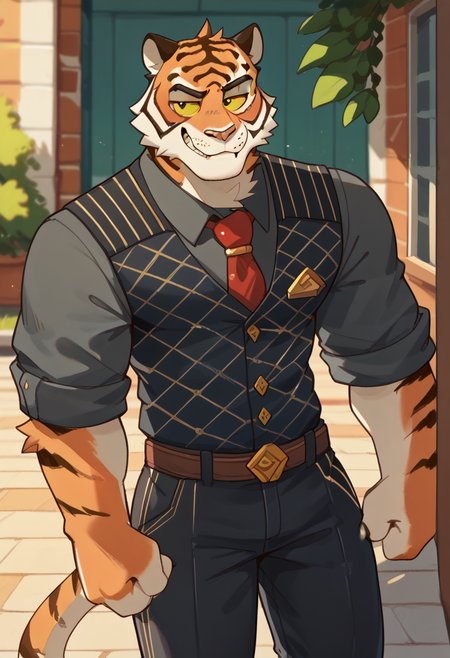 score_9, score_8_up, score_7_up, hi res, high quality, by gr3yyy, oscar, fortnite, furry, 1boy, solo, yellow sclera, black pupil, tiger boy, necktie, rolled up sleeves, pants, smug, legs out of frame, standing, <lora:Oscar_Fortnite:1>, <lora:Greyyy_Artist_Style:1>