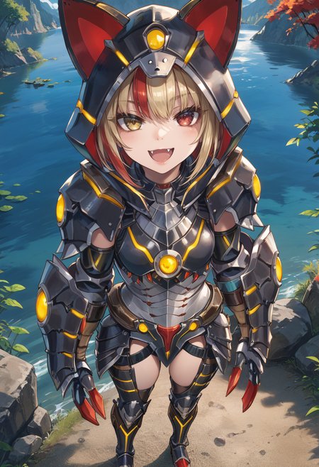 (score_9:0.9),score_8_up,score_7_up,rating_safe,anime style,(zPDXL),<lora:Almudron armor ponyXL v1:0.73>,1girl,solo,yellow eyes,blonde hair,black mechanical cat tail,looking at viewer,black cat hood,almudron armor,black claw gauntlets,black knee boots,black thigh armor,from above,full armor,lake,open mouth,fangs,half-closed eyes,naughty face, red hair, heterochromia, red eyes, multicolored hair,