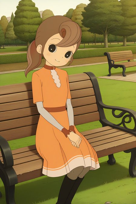 masterpiece, best quality, amazing quality, absurdres, solo, florareinhold, smile, closed mouth, own hands together, looking at viewer, brown hair, black eyes, orange dress, black knee boots, outdoors, park, grass, bench