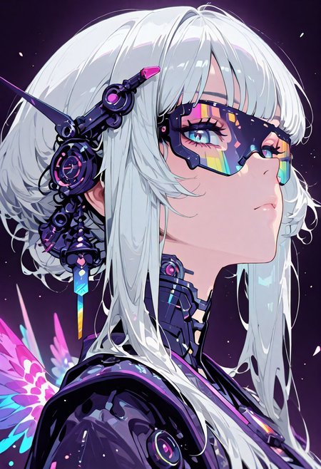 <lora:ck-shadow-circuit-IL:0.78>,
masterpiece, best quality, good quality, very aesthetic, absurdres, newest, 8K, depth of field, focused subject,
 close up, stylized, in gold and neon shades, wabi sabi, 1girl, rainbow angel wings,  looking at viewer, dynamic angle, from below, from side, relaxing
<lora:MoriiMee_Gothic_Niji_Style_Illustrious_r1:0.45>
<lora:ck-nc-cyberpunk-IL-000011:0.4>
<lora:ck-neon-retrowave-IL:0.8>