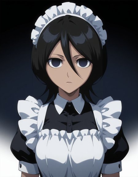masterpiece, best quality,  <lora:Mind_Controlled_Rukia:1>, 4ukia, short hair, black hair, dark blue eyes, empty eyes, (maid:1.2), upper body, arms at sides,