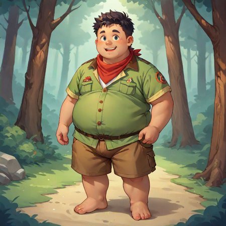 score_9, score_8_up, score_7_up, source_anime, obese, wearing a boyscout uniform, wearing shorts, wearing boy scout shirt, unbuttoned, wearing neckerchief, standing, summer camp background, 1boy, solo, forest background, happy mood, young, dark hair, messy hair,  barefoot, chibfurri, five toes, cub.