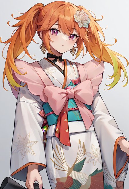 score_9,score_8_up,score_7_up,score_6_up,score_5_up,score_4_up,
1girl, takanashi kiara, black choker, white kimono, floral print kimono, obi, pink capelet, long hair, twintails, messy hair, bow, hair flower, gradient hair, obijime, 
solo, grey background, simple background, cowboy shot, looking at viewer,
<lora:KiaraV1Ponyxl:1>