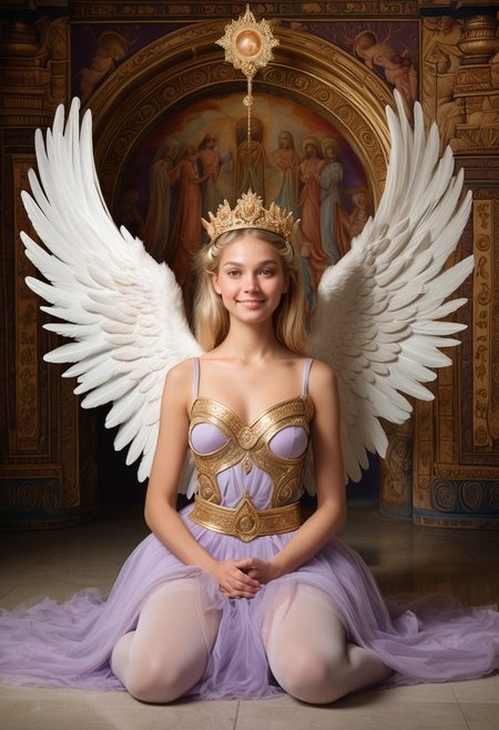 (medium full shot) of (divine angel with feathered wings and an angel halo) young woman, tiny build, medium blonde updo hair, persian, tan skin, light brown eyes,  wearing a ethereal tiara crafted from moonlight, ethereal lavender seraphic tunic with with golden sash, flowing tulle skirt, gold stockings, pink ballet flats, carrying a gilded scepter adorned with celestial symbols, set in  divine temple, Celestial Chamber, Sacred space with celestial murals adorning the walls, a divine throne carved from pure ivory, celestial orbs suspended from the ceiling emitting a soft glow, intricately embroidered tapestries, soft silk cushions for meditation , woman smiling, detailed face, ,Masterpiece,best quality, raw photo, realistic, very aesthetic