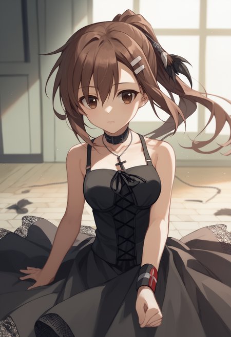 score_9, score_7_up, minakami yuki, brown hair, ponytail, brown eyes, hair ornament, hairclip, choker, black dress, sleeveless, necklace, wristband,   <lora:Minakami Yuki 4:1>