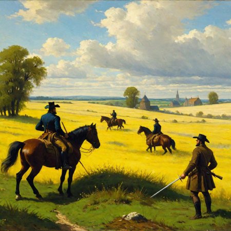 Oil painting, day, green-yellow field of wild grass, side view, 2 persons. In the distance in the center are two men on brown horses. The men are dressed in yoloms and coats with sabers on their sides. The second man has a musket hanging from his back. Further in the field there is a mound, and the blue sky is covered in clouds.