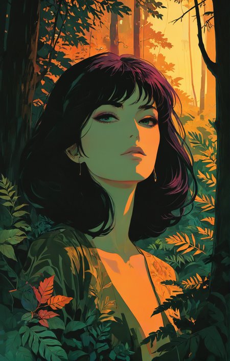 Papercut collage of Forestpunk aesthetic, bright colors, stunning background. dark and moody, a mesmerizing blend of light and shadow. masterpiece, absurdres, intricate details <lora:Orange_Bloom:0.8>, Mixed media, textured paper, overlapping, asymmetrical, abstract, vibrant