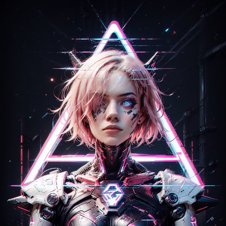 score_9,score_8_up,score_7_up, glitch, d1splaygl1tchl1nes, a glowing (triangle:1.2), (mash kyrielight:0.95), cyborg, mecha, breasts, contrapposto, shiny, glamour, makeup, glossy, glowing eyes, anamorphic, science fiction, geometric, cyberpunk style  <lora:Glitch:0.7>  <lora:Display_Glitch_Lines_Effect_PONY_XL_by_UOC:0.7> <lora:futuristic_Concept:0.2> <lora:Cyberpunk_Style:0.2> <lora:TransHumanizm_Concept_PONY_XL_by_UOC:0.4>, (black background:0.8), particles, dust, lines,pink hair,hair over one eye