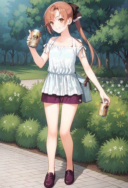 standing, 1girl, solo, full body, park, <lora:KC_01DD_akigumo_pony:1> akigumokc, brown_hair, long hair, ponytail, hair ribbon, black ribbon, green eyes,     akigumoafterkc, bare_shoulders, white dress, jewelry, short shorts, purple shorts, bare arms, bare legs, purple loafers, holding beer can,, score_9,score_8_up, score_7_up, source_anime, masterpiece, best quality,  official art, official style, game cg, megami magazine, rating_safe, rating_questionable, <lora:Fixhands_anime_bdsqlsz_V1:0.75>, NEGATIVE_HANDS