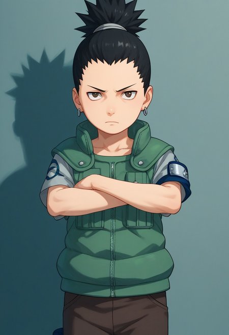 score_9, score_8_up, score_7_up, highly detailed, cute boy, 1boy, solo, young, Shikamaru_Nara, Brown Eyes, Black Hair, Ponytail, Earrings, Flak Jacket, vest, Armband, Brown Pants, Arms crossed,