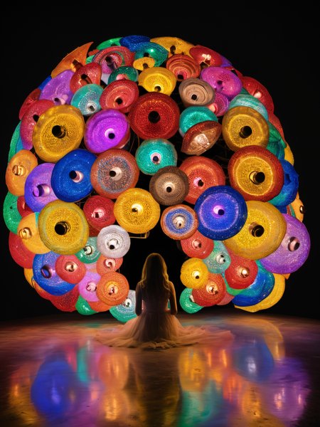 create an award-winning photograph of colored lights using an original and unconventional theme that captivates and amazes the viewer. Push boundaries of traditional concepts,infusing the image with creativity and wonder,leaving a lasting impression on those who behold it. Added whimsical detail,chaos turned to manifested beauty,