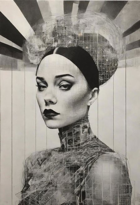 rough crosshatch drawing pop surrealism pop art Lunatic_Portrait of a girl in latex, slick back, low bun, black makeup, tj