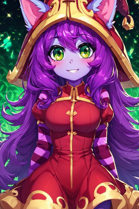 score_9, score_8_up, score_8, (big breasts), (curvy), cute, eyelashes,       BREAK, ,  <lora:LuluLeagueoflegendsPDXL:0.8>, zzLulu, long hair, bangs, animal ears, green eyes, purple hair, colored skin, purple skin, long sleeves, hat, dress, red dress, red headwear, ears through headwear, striped sleeves, yordle,, BREAK, (warm colors), smile, looking at viewer, cowboy shot, embedding:zPDXL, Expressiveh, <lora:PrismaIllya_PDXL_v3:1.0>,  <lora:SDXLFaeTastic2400:0.5>,  <lora:Expressive_H-000001:0.4>,