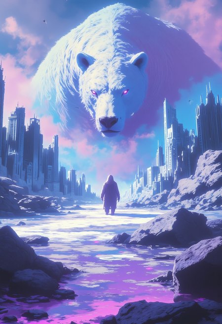 Anime pastel art, vibrant contrast art,score_9, score_8_up, score_7_up, source_anime,
masterpiece, best quality, very aesthetic, absurdres,  art style, pastel art style, Boss arena in middle of destroyed city, broken skyscrapers, rubble, A boss arena, A Polar bear boss standing on a ice shaped platform, looking down,sharp focus, smoke, realistic photo, 4 k resolution, blade runner, detailed game setting, eldenscene, 
Flattering lighting:1.1 Elegant, Intimate, Captivating