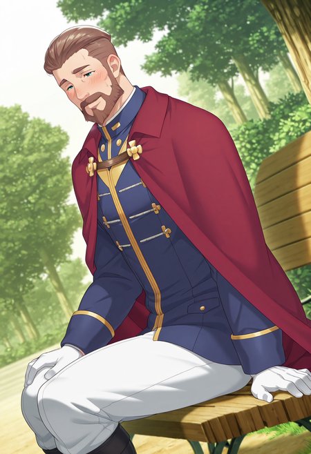 <lora:Leopold_Auvergne_-_from_anime_Bureaucrat_to_Villainess_Dads_Been_Reincarnated:0.9>, safe_pos, solo, masterpiece, detailed, uwa, huge filesize, ultra hd, best quality, male focus, (absurdres, highres), 1boy, official art, bright, LeopoldAuvergne, brown hair, short hair, hair slicked back, forehead, aqua eyes, thick eyebrows, beard, mustache,  adult, mature, red cape, military jacket, blue jacket, long sleeves, double-breasted, gold trim, white gloves, white pants, black boots,
solo, soft smile, blush lines, sitting, hand on legs, blurry outdoor sunset view, bench, from side, dutch angle,