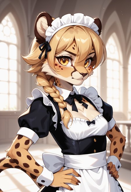 score_9, score_8_up, score_7_up,
source_furry, high quality, perfection, detailed, aesthetic, well-lighted,
1girl, solo, upper body,
mansion, luxury, fancy interior,
furry female, anthro, furred body, fluffy fur, beautiful girl, cute girl, adult, youthful, beautiful face, beautiful eyes, perfect eyes, detailed eyes, 
cheetah girl, small breasts, petite, blonde hair, single braid, long tail, yellow eyes, good hands,
maid outfit, cleavage, maid headband, maid apron,
determined, hands on own hips,