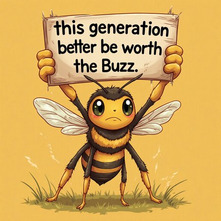 An annoyed bee holding up a sign that reads “this generation better be worth the Buzz”