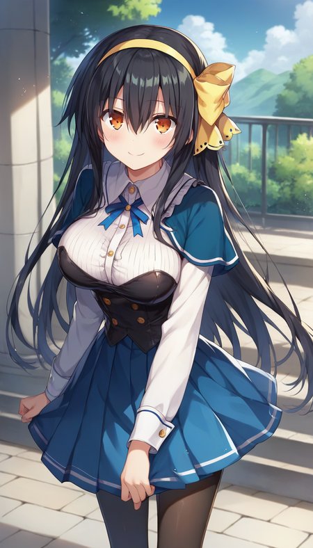 score_9,score_8_up,score_7_up,score_6_up BREAK official art,solo,outdoors,cowboy shot,looking at viewer,facing viewer,smile,blush,Tomoe Tachibana,very long hair,black hair,hairband,yellow hairband,hair ribbon,yellow ribbon,hair bow,yellow bow,hair between eyes,bangs,orange eyes,Tomoe Tachibana uniform,blue capelet,neck ribbon,blue  ribbon,white shirt,black bandeau,black corset,long sleeves,buttons,large breasts,blue skirt,pleated skirt,frills,black pantyhose,mary janes,black footwear,<lora:Tomoe Tachibana(ad)-Pony:1.1>,