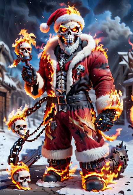 ral-santa, fire santa,skull head,skull on fire, santa claus is on fire, fiery and dynamic <lora:ral-santa-sdxl:1>,Holding a flaming chain,full body, solo,standing,