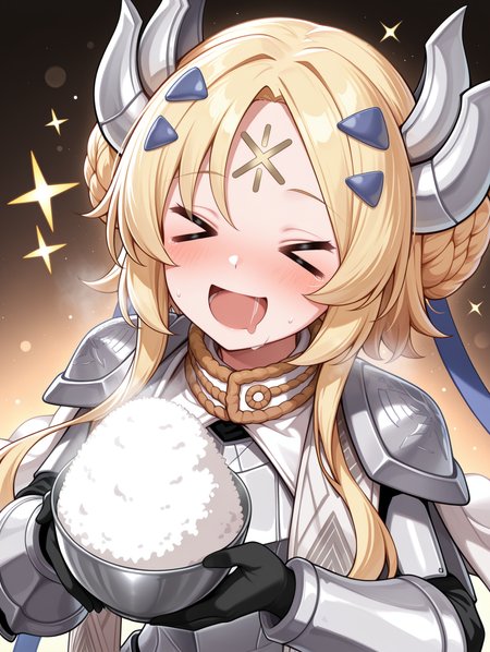 dogmatika ecclesia the virtuous,1girl,solo,closed eyes,open mouth,smile,blush,saliva,rice,>_<, :d, blue hairclip, black full bodysuit, blue hair ribbon, gold forehead mark, upper body, sparkle, silver hair ornament, white cape, silver armor, silver breastplate, silver shoulder armor, silver armored gloves, 
masterpiece,best quality,amazing quality,very aesthetic,absurdres,newest,<lora:Dogmatika Fleurdelis & Ecclesia the Virtuous illuXL v1:0.75>,