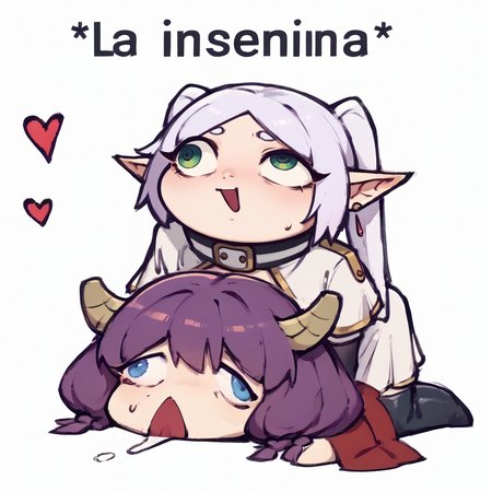 score_9, score_8_up, score_7_up, rating_explicit, zPDXL2, zPDXLxxx, zPDXL3, source_anime, <lora:La_Insemina:0.6>, 2girls, simple cartoon style, blush, sweat drops, lewd pose, exaggerated eyes, sexual interaction, doggystyle position, heart, top person, bottom person, simplified anatomy, exaggerated expressions, lewd mood, chibi, english text, 
BREAK <lora:ChamFrierenPonyXLCame:1>, FrierenBase, green eyes, white hair, long hair, twintails, earrings, white capelet, striped shirt, long sleeves, belt, white skirt, medium skirt, black pantyhose, brown boots
BREAK  <lora:aura-the-guillotine-ponyxl-lora-nochekaiser:1>, AuraFrieren, purple hair, blue eyes, horns, long hair, twin braids, necklace, strapless shirt, black shirt, navel cutout, white skirt, red waist cape, elbow gloves, black gloves, thigh boots