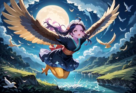 best resolution,score_9,score_8_up,score_7_up,score_6_up,score_8,score_7,score_6,best quality,masterpiece,source_anime,1girl,solo,kawaii,cute,winged_arms,A majestic harpy with dark feathers and glowing red eyes,wearing black japanese kimono,flying soaring through a stormy night sky.moonlight, starlight, firelight,wise,moonlit night sky,wind,cowboy shot,focus on face,dynamic shot, Expressiveh,eyesHD,high gradient eyes,detailed eyes,high definition eyes, <lora:Eyes_High_Definition:0.25> <lora:Expressive_H:0.75> <lora:winged_arm_style:0.85>