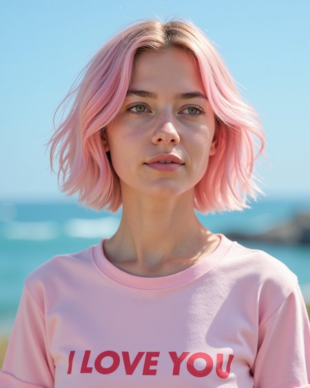 A highly detailed and realistic portrait of a young woman with short, pastel pink hair, styled with soft, tousled waves. She is wearing a light pink t-shirt with the bold, red text âI LOVE YOUâ printed on it. The woman is outdoors, standing against a backdrop of a bright, clear blue sky with the ocean visible in the distance. The lighting is soft and natural, giving her skin a gentle glow. The expression on her face is thoughtful and serene, as she gazes off into the distance, capturing a peaceful and introspective moment. The overall atmosphere is vibrant and fresh, with a touch of whimsy from her colorful hair. cinematic, high saturation, high contrast, intricately detailed eyes, (real skin textures, light reflections in the eyes, detailed eyebrows, real skin texture:0.5), (slight skin blemishes, imperfect skin, skin pores, blush, goosebumps, translucent skin:0.2), subsurface scattering, (fine wrinkles:0.3)