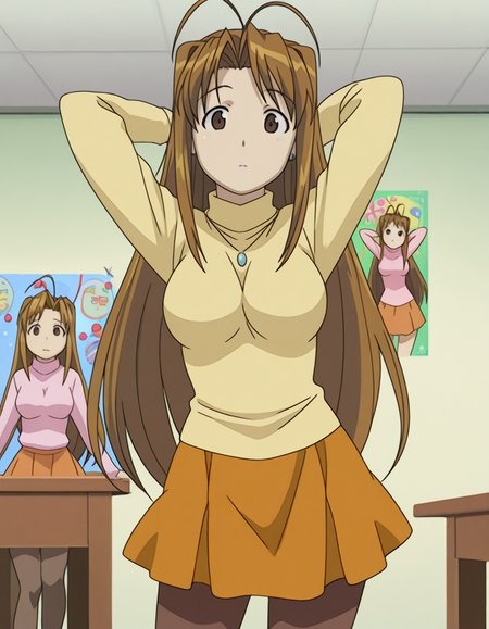 masterpiece, best quality, amazing quality,, <lora:naru-narusegawa-s1-illustriousxl-lora-nochekaiser:1>, naru narusegawa, long hair, brown hair, antenna hair, brown eyes, mature female, breasts, anime screencap, skirt, jewelry, pantyhose, sweater, turtleneck, orange skirt,, clubroom, posters, meeting table, decorations, student council, , hands behind head, looking at viewer, solo,, cowboy shot, solo