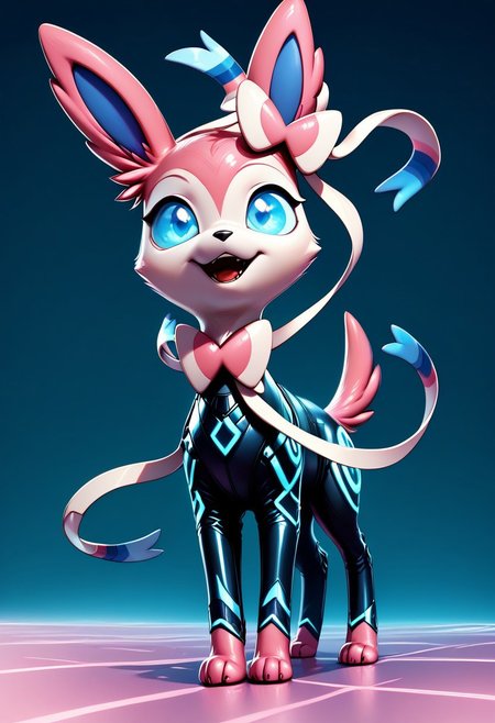 score_9, score_8_up, score_8, 
zzCitronLegacy, looking at viewer,  bodysuit, neon glow, 
city, night, 
Sylveon, solo, looking at viewer, open mouth, blue eyes, simple background, standing, tail, full body,  gradient, gradient background, no humans, animal, blue background, animal focus,
looking at viewer,
OverallDetail