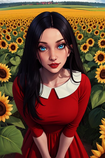 Laura, red lips, blue eyes, long black hair,
red dress,  from above,  skin tight, 
 upper body,  solo,  standing,  smile,  close 
sunflower field, barn, 
(insanely detailed, beautiful detailed face,beautiful detailed eyes, masterpiece, best quality)  <lora:LauraVictoriano:0.7>