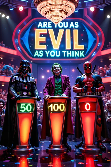 Darth Vader, the Joker, and deadpool stand behind illuminated podiums on a vibrant quiz show set, bathed in dramatic, multicolored stage lights. The Joker leans casually on his podium with a devilish grin, his 50 points displayed prominently in glowing green digits. Deadpool, looks surprisingly composed as his score of 100 points shines in bright gold. Darth Vaderâs score of 0 points glows red, matching the faint light of his lightsaber hilt clipped to his belt. Behind them, the show's name, âARE YOU AS EVIL AS YOU THINK,â is emblazoned in bold, electrified letters on a massive screen. The audience in the background is a chaotic mix of ghouls, aliens, and villains, all roaring with laughter or applause. The stage floor is reflective, amplifying the glow of the podium lights and the sparkle of the showâs vibrant set design. Suspended from the ceiling, a massive crystal chandelier adds a touch of ominous elegance to the scene. The tension and humor of the moment are captured in the expressions of the contestants as Vader clenches his fists in silent frustration. Fantastic lighting. Detailed shadows.intricate details, vivid colors, hyper-detailed, ultra-sharp<lora:RetroAnimeFluxV1:0.3><lora:Flux DetailerV2><lora:Greg_Capullo_style:0.2><lora:Vintage comic book:0.3>