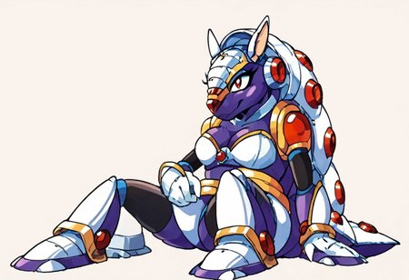 score_9, score_8_up, score_7_up, armored armadillo, mmx, purple + gold armor, armadillo, metallic, robot animal, shell, red nose, armadillo ears, genderswap, 1girl, female, solo, cute, breast, yistyle, watercolor, no blur, vector art