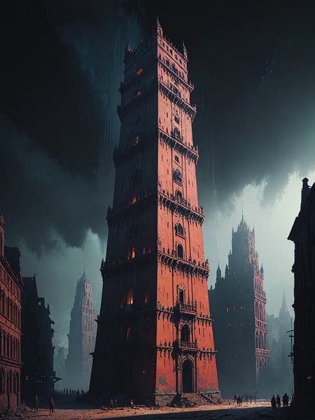impactful color paint of Giant old mystical tower, babel tower inspiration with light, energy and magic around it. Tall slim tower with several floors, dark background, fantasy building. Painting, concept art, cinematic light,  <lora:Bold_Pop:0.6>  ...........  highly detailed, vibrant colors , 8k, sharp, professional, clear, high contrast, high saturated, , vivid deep blacks, crystal clear