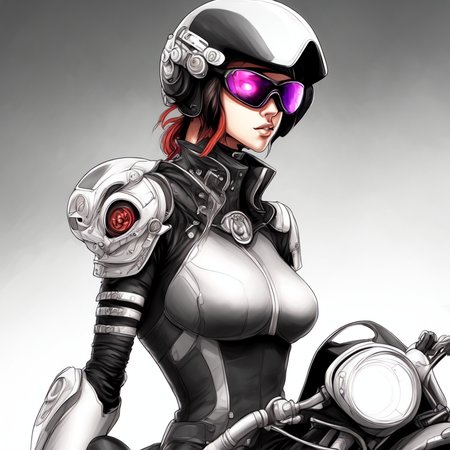 (BionicBikerGirl style:1) a drawing of a woman wearing a helmet and goggles <lora:BionicBikerGirl:1>