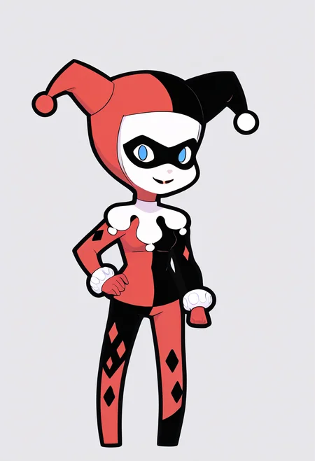 score_9, score_8_up, score_7_up, score_6_up, score_5_up, score_4_up, BREAK
1girl, chibi,
hq1992, domino mask, jester cap, red bodysuit, blue eyes, no pupils,
hands on hips, full body, standing,, smile, looking at viewer, solo, simple background, white background  <lora:RabbitAndSteelXLLocon:1>      <lora:HQ1992XL:1>